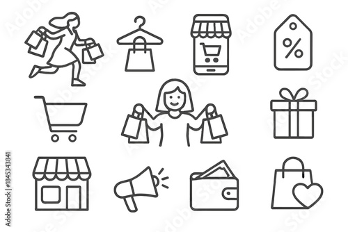Line icons set for commerce, retail, and online shopping purchase concepts