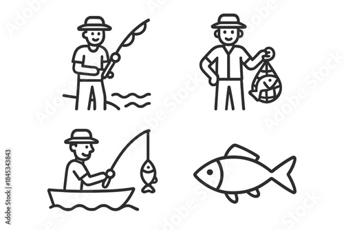Line icons of fisherman casting, catching, and hauling fish