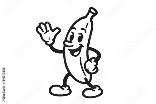 Retro cartoon banana character mascot walking and waving hand in black and white style