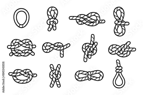 Twelve different rope knots used for nautical, climbing, and securing purposes