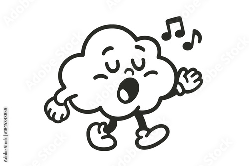 Cheerful cloud mascot character singing loudly with musical notes floating around its head