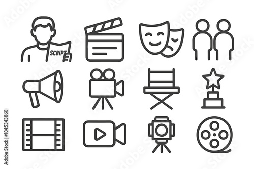 Thin line icons for cinema and movie production concepts