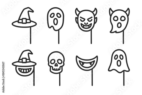 Eight spooky Halloween photo booth props on sticks outline icons