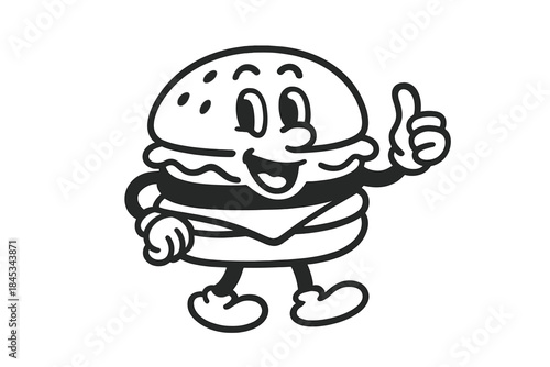 Retro cartoon hamburger mascot character giving a thumbs up gesture