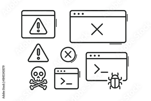 Set of computer error warning danger and bug icons in outline style