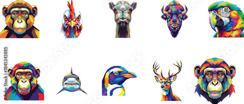 Vibrant Pop Art Animal Portraits Collection A Diverse Array of Wildlife Heads Rendered in Dynamic, Low-Poly Geometric Styles with Bold, Eye-Catching Colors