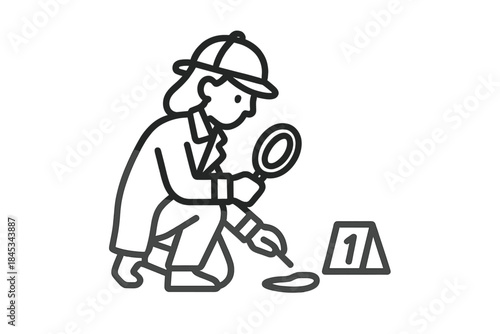 Detective examining evidence with magnifying glass at crime scene marker