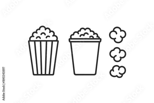 Set of popcorn icons with striped and plain containers and steam elements