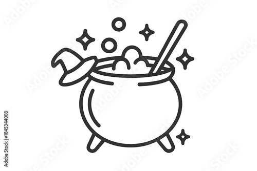 Minimalist outline icon of a bubbling witch cauldron with stirring spoon and hat