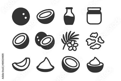 Coconut fruit and derived product icons in solid style set