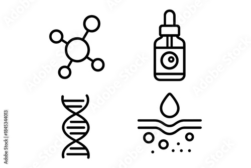 Cosmetic science icons featuring molecule DNA dropper and skin hydration elements
