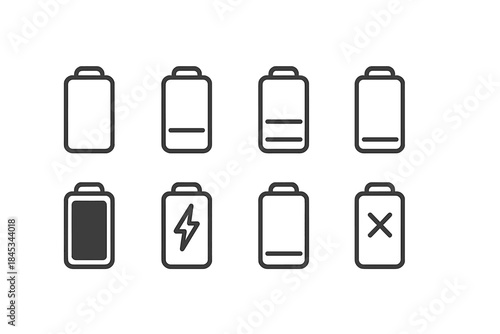 Outline icons set showing various battery charge levels and power status