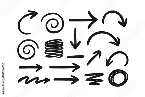 Hand drawn black sketchy arrows and abstract shapes collection