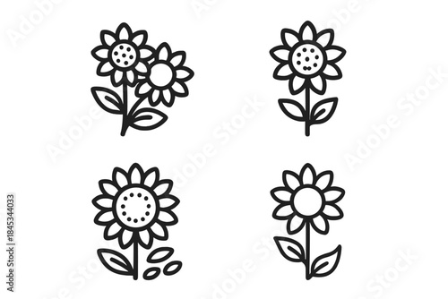 Four stylized sunflower icons in black outline drawing style