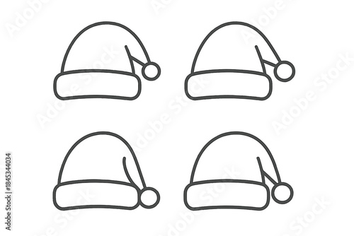 Set of four simple outline icons representing Santa Claus hats in different orientations