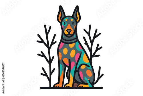 Stylized sitting Doberman dog with vibrant abstract pattern