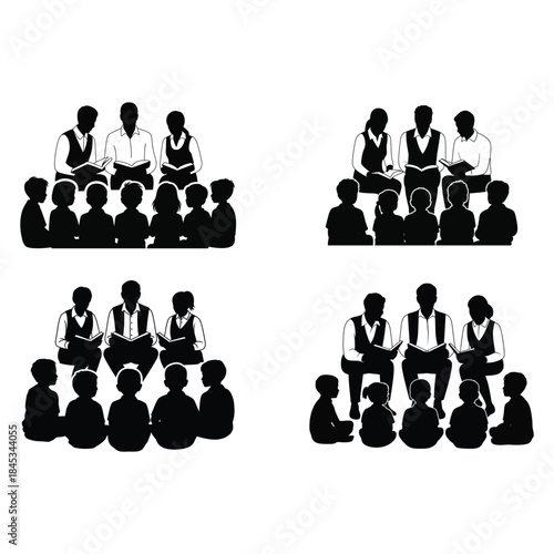 Silhouette groups of people reading books vector illustration