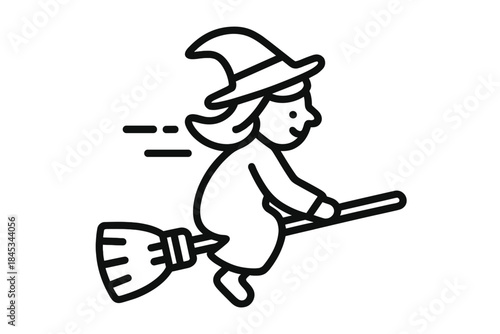 Happy witch flying on broomstick side view