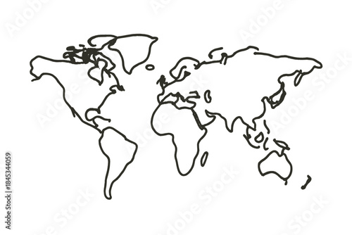 Stylized hand drawn world map outline sketch in black ink