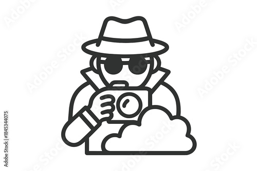 Secret agent taking photograph while concealed behind cloud shape outline