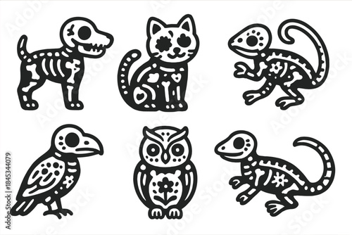 Collection of stylized cute animal skeletons in black and white outline