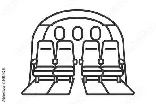 Airplane cabin interior view showing four passenger seats and central aisle