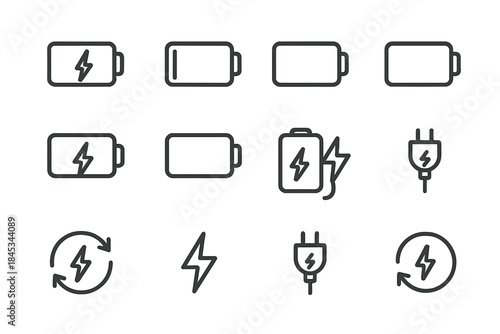 Battery charge level and power plug line icon set