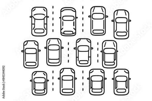 Overhead view of vehicles moving along marked highway lanes