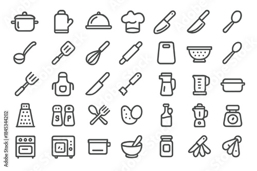 Thin line icons depicting various kitchen utensils and cooking implements