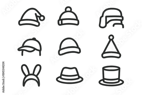 Collection of simple outline icons representing various headwear and hats