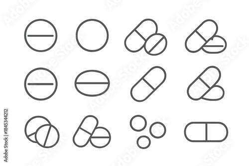 Set of outline icons representing various pharmaceutical pills and capsules