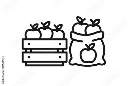 Fresh apples in wooden crate and burlap sack icon set