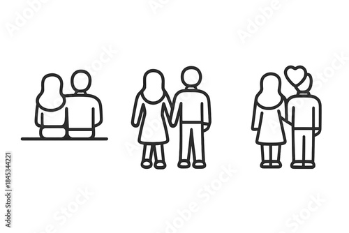 Stages of couple relationship simple black line icons collection