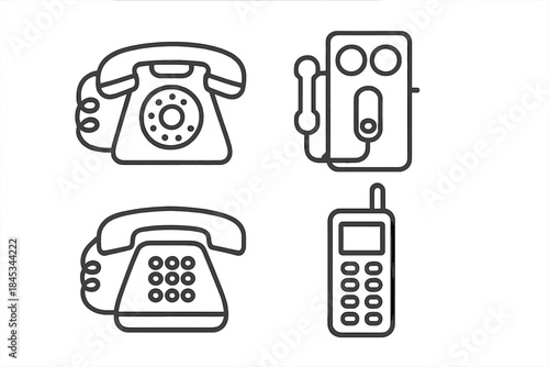 Set of communication device icons featuring rotary and push-button telephones
