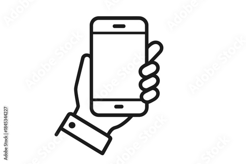 Outline icon of human hand holding modern mobile device