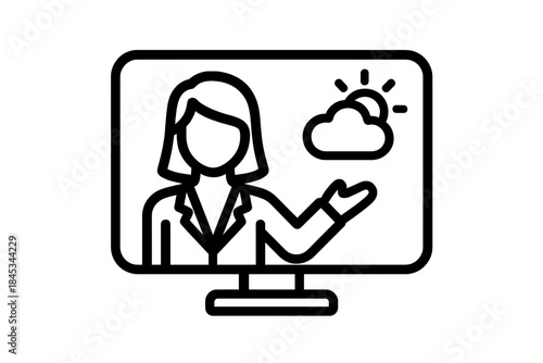Female meteorologist presenting weather forecast on computer screen icon