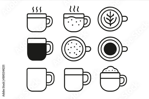 Nine simple black and white icons of coffee and tea cups in various styles