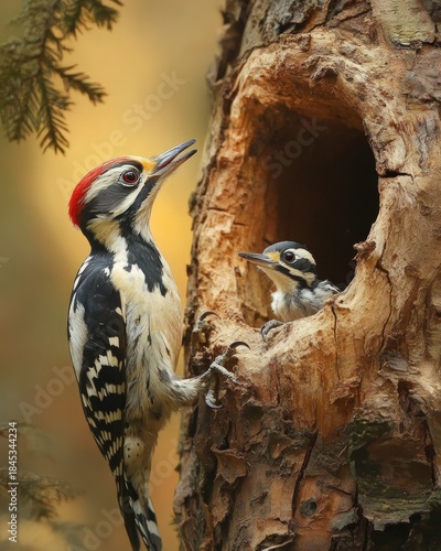 Adult Woodpecker Feeding Young Chick in Tree Nest Cavity.