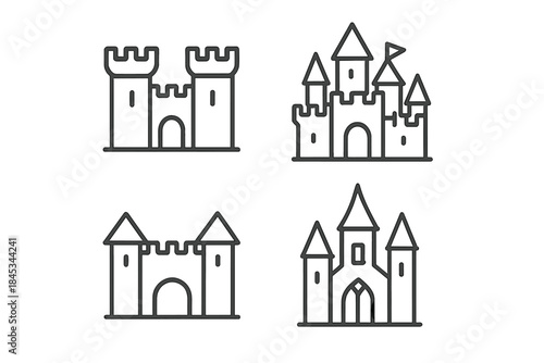 Set of four simple line icons representing medieval castles and fortresses