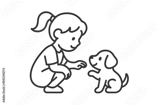 Young child crouching down to interact with happy puppy outline drawing
