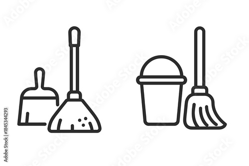 Set of cleaning tools icons featuring dustpan, broom, and bucket
