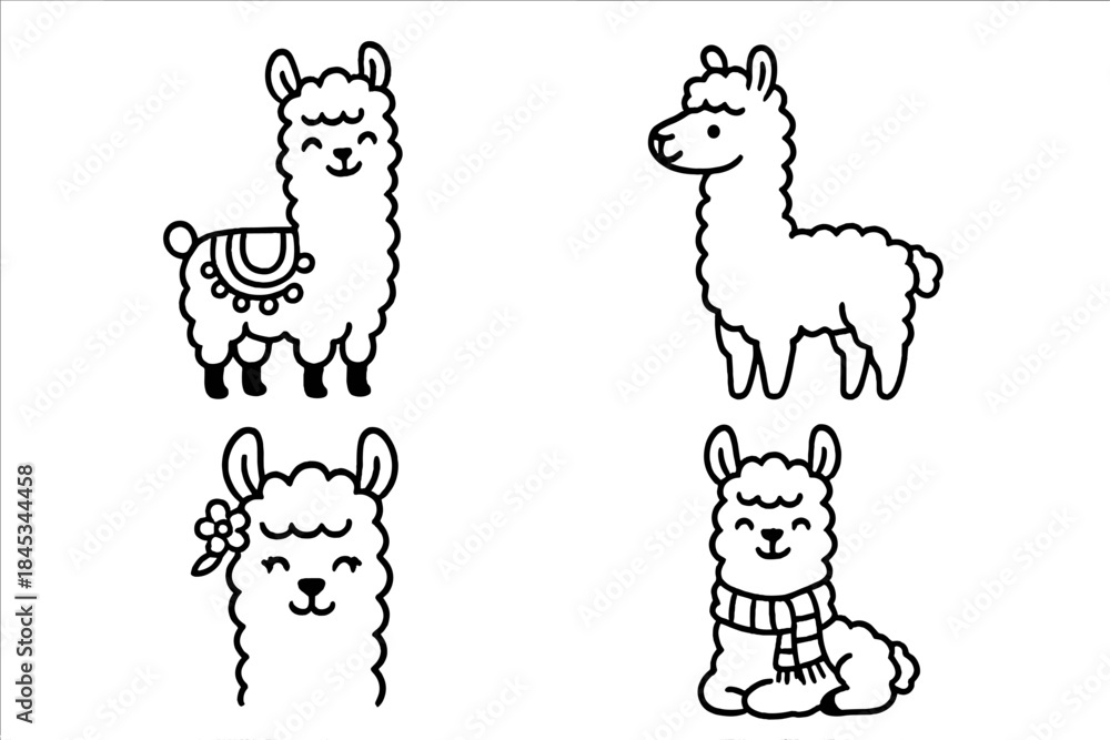 Obraz premium Four cute doodle llamas and alpacas in various poses