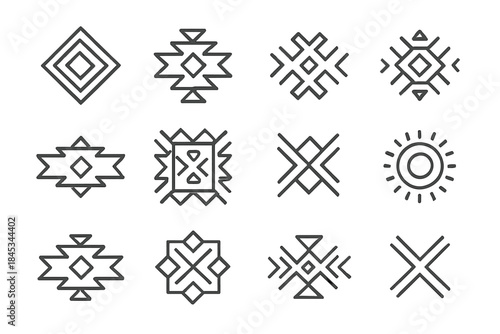 Tribal geometric line icons for textile and rug patterns