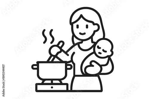 Mother cooking while holding sleeping baby outline icon