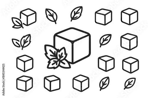 Outline style icons of ice cube and fresh mint leaf elements