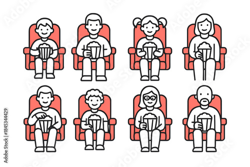 Audience members sitting in cinema seats holding popcorn buckets icon set