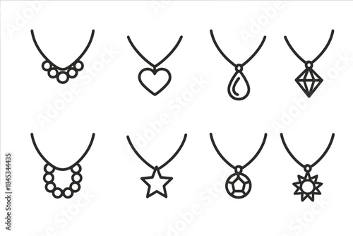 Eight simple line icons representing various necklace pendants and jewelry shapes