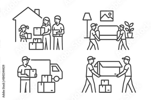 Set of icons representing household moving and professional relocation services