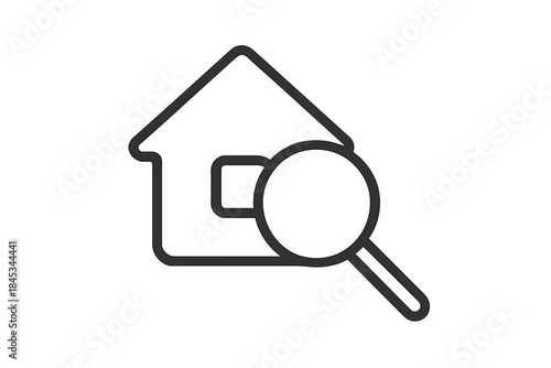 Magnifying glass over house outline icon concept for property search