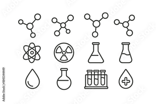 Basic chemistry and science line icons for laboratory and research concepts
